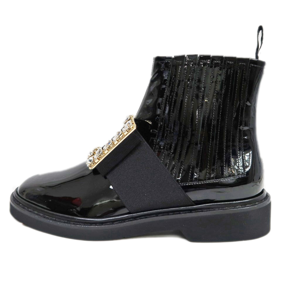 【名東】【ROGER VIVIER】ロジェヴィヴィエ レンジャー チェルシー ブーツ RVW54825210 サイズ37 1/2 ビジュー付 ブラック パテントレザー 靴 レディース【未使用】【中古】