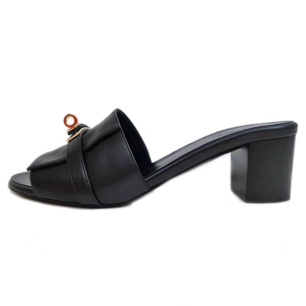 【名東】【HERMES】エルメス ジジ サンダル サイズ37 レザー ブラック 黒 ゴールド金具 レディース【未使用】【中古】