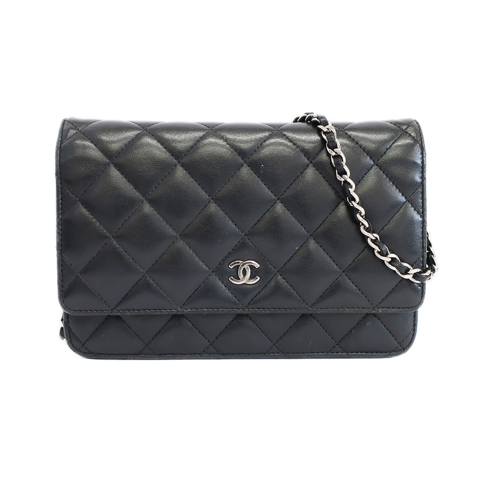【天白】【セール】【CHANEL】シャネル チェーンウォレット ショルダーバッグ ブラック シルバー金具 ラムスキン マトラッセ 財布 レディース 鞄【中古】