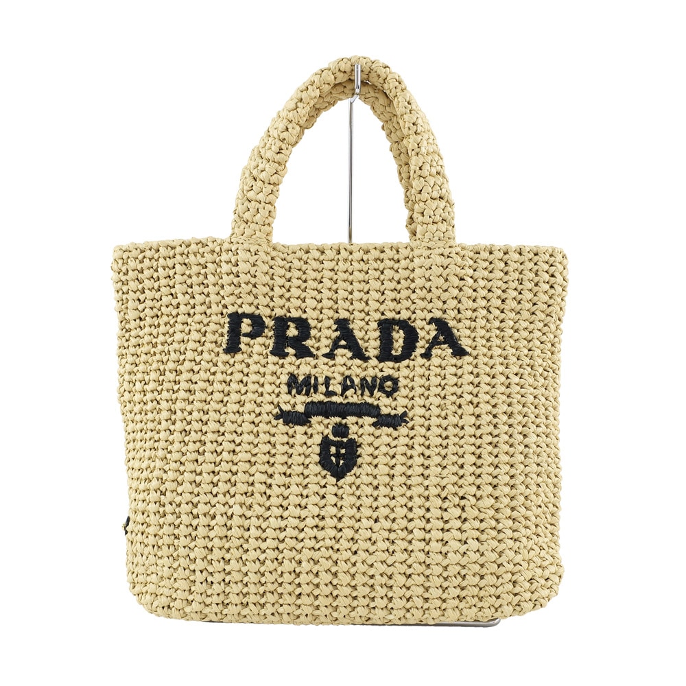【天白】【PRADA】プラダ スモール クロシェ トートバッグ カゴバッグ かごバッグ 刺繍レタリングロゴ トライアングルロゴ ナチュラル レディース バッグ 鞄【中古】