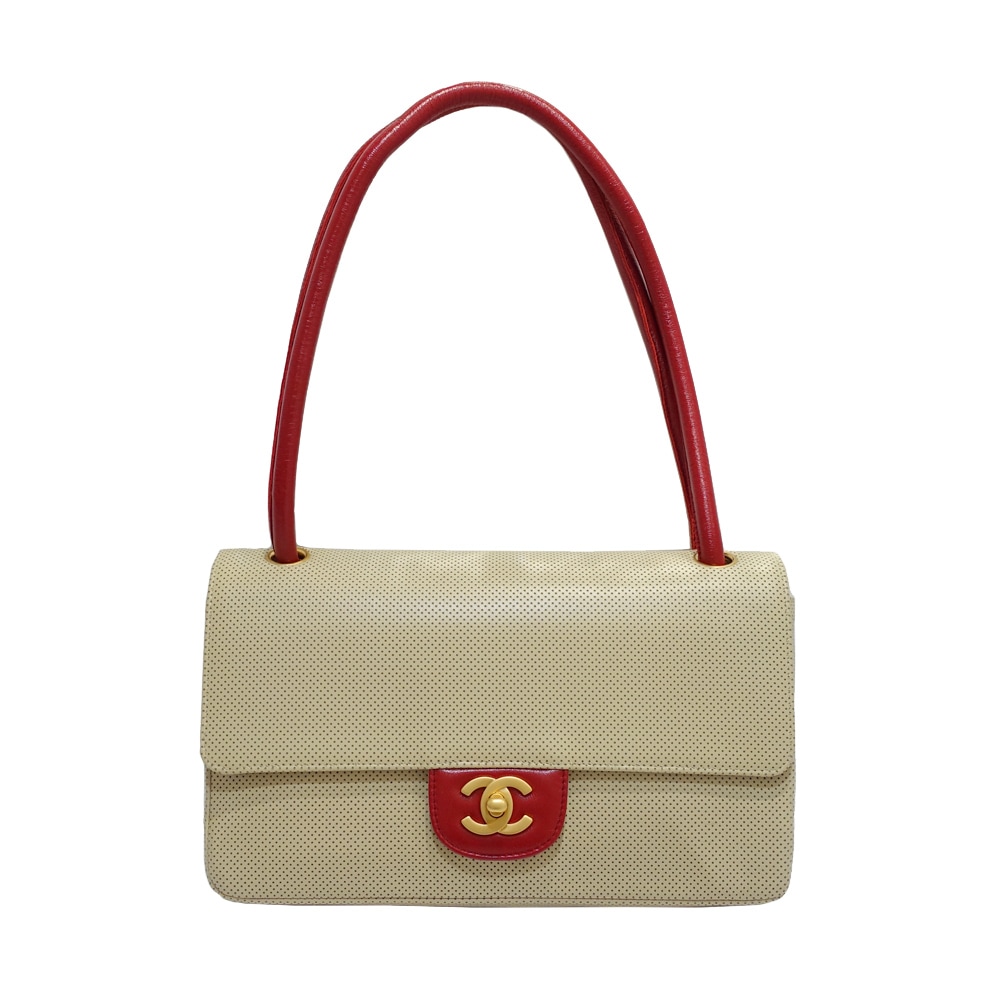 【栄】【CHANEL】シャネル セミショルダーバッグ 6番台 2000年頃 レザー ベージュ/レッド ゴールド金具 レディース 女性 保存用布袋 ギャランティカード 小冊子【中古】
