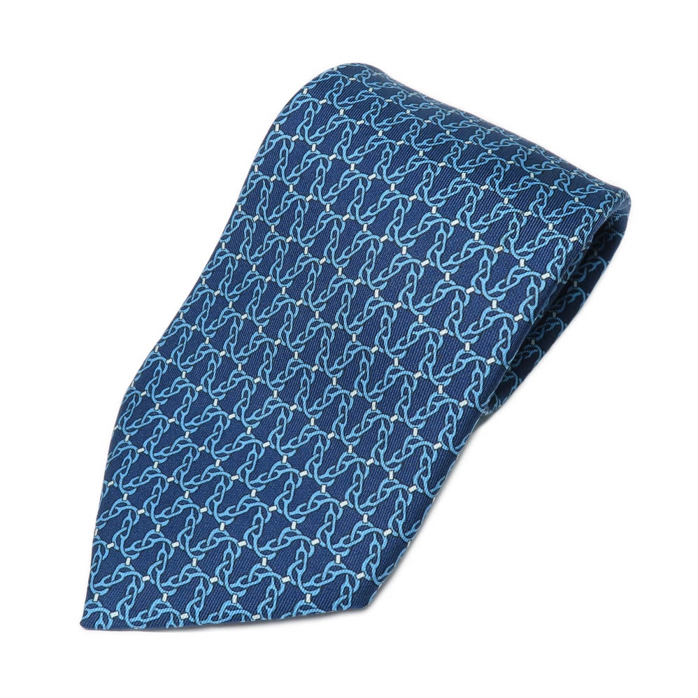 【名古屋】【HERMES】エルメス ネクタイ ブルー 総柄 5482FA チェーン柄 シルク100％ 9cm ビジネス 小物 メンズ 美品【中古】