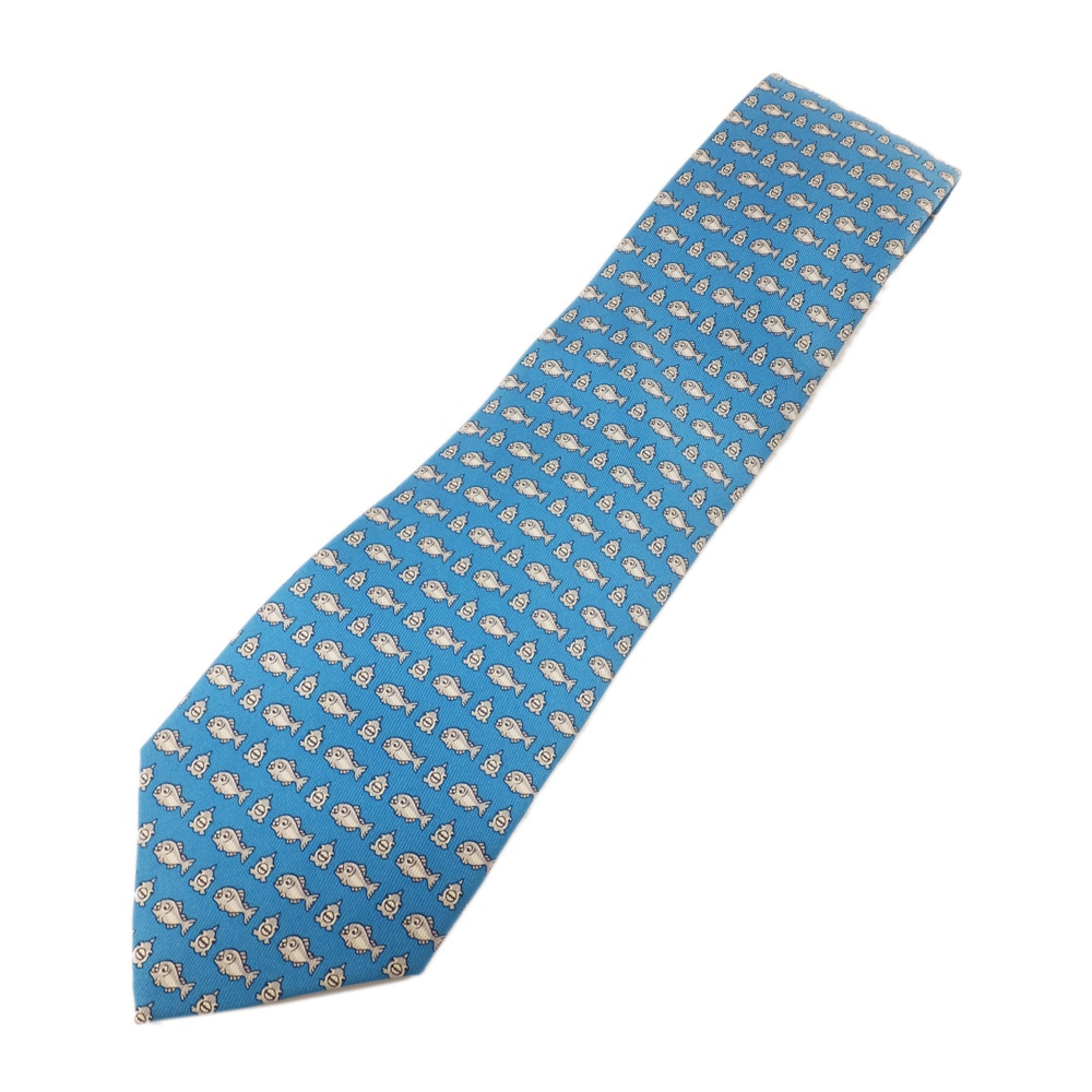 【天白】【HERMES】エルメス ネクタイ ブルー系 フィッシュ柄 魚 総柄 大剣幅約8cm シルク100% メンズ ビジネス アパレル 小物 ファッション その他【中古】