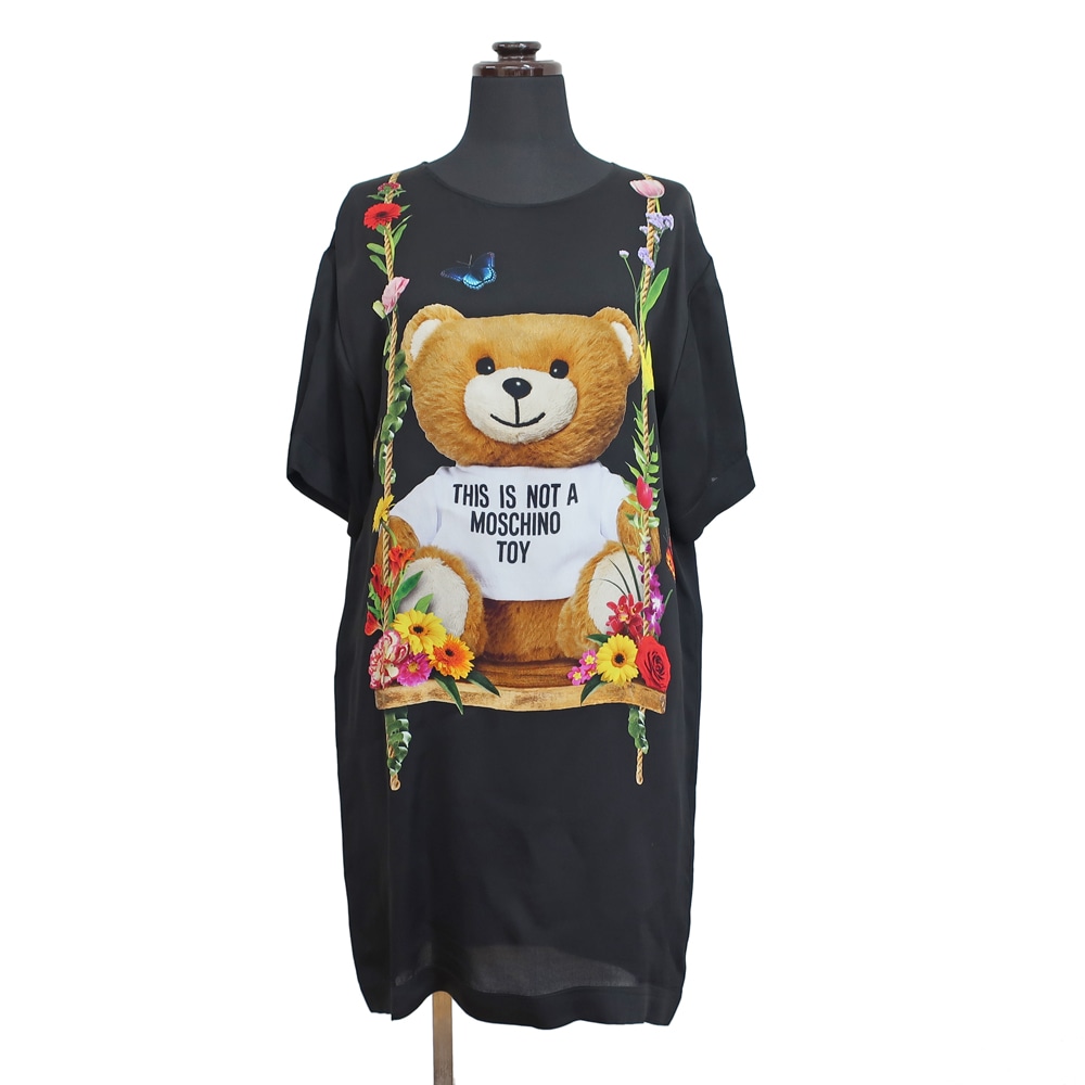 【天白】【MOSCHINO】モスキーノ Tシャツ チュニック ブラック テディベア 半袖 レーヨン 透け感あり 表記サイズ36 くま レディース アパレル 洋服【中古】