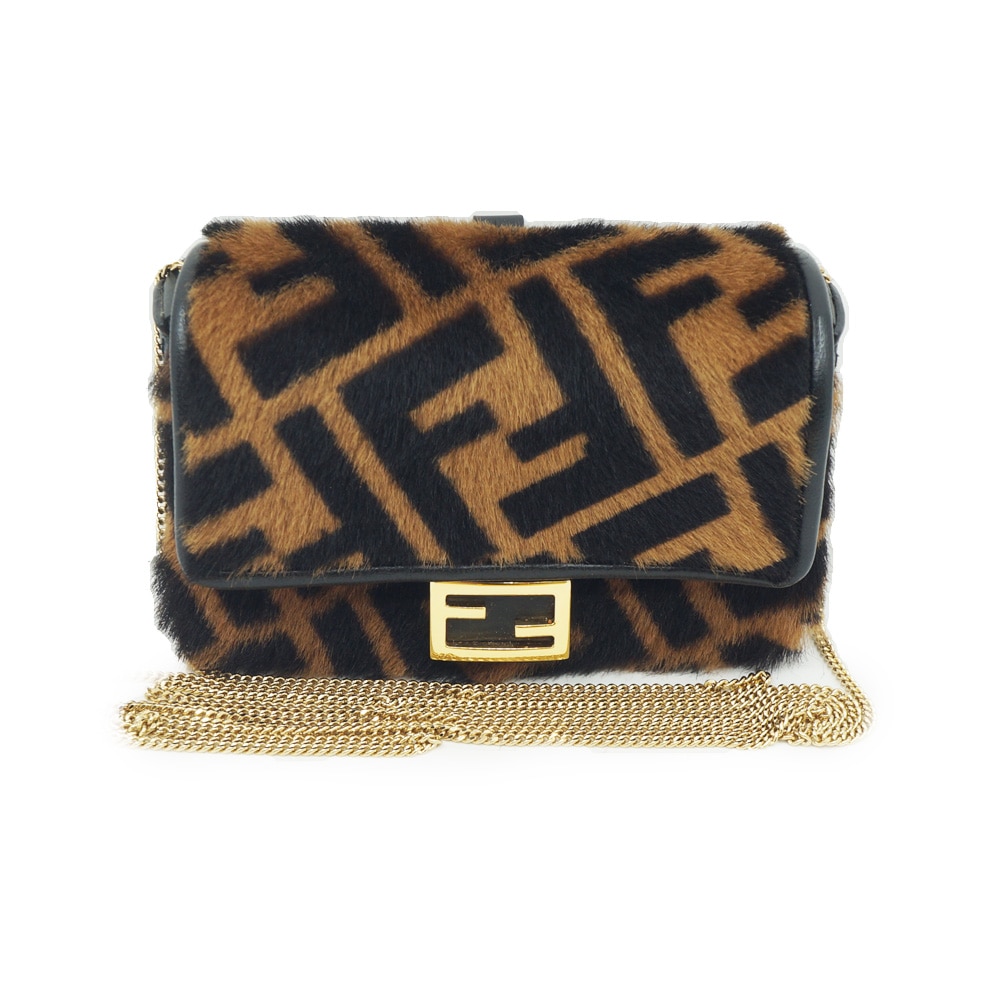 【栄】【FENDI】フェンディ 7AR844 ハンドバッグ バゲット ミニ ハラコ チェーンショルダー ポーチ ブラウン ゴールド金具 箱【中古】