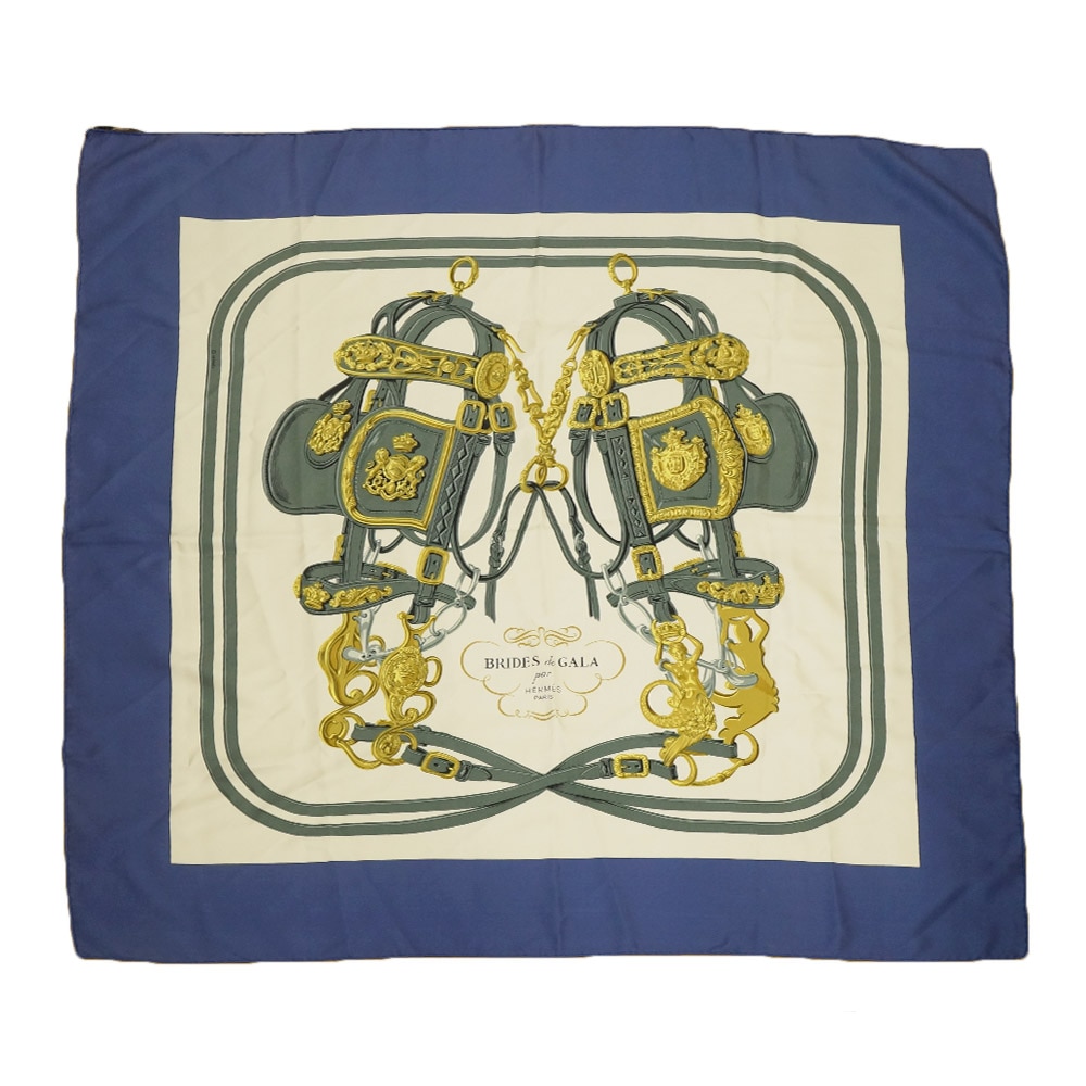 【箱あり】HERMESエルメスカレ　ベニスの舟祭りシルク100ブルーゴールド 箱あり】HERMESエルメスカレ ベニスの舟祭りシルク100ブルー