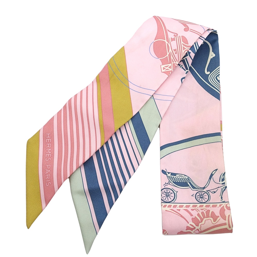 【栄】【HERMES】エルメス ツイリー スカーフ エクスリブリス EX-LIBRIS ローズペール/オークル/ヴェール シルク100% バッグチャーム 小物 その他 etc 箱【中古】