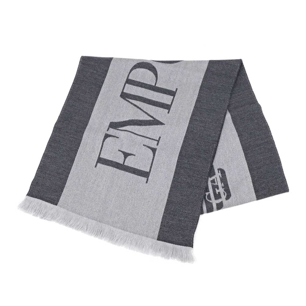 【名東】【EMPORIO ARMANI】エンポリオアルマーニ マフラー 625007 CC307 グレー ウール ストール フリンジ メンズ 男【新品同様】【中古】
