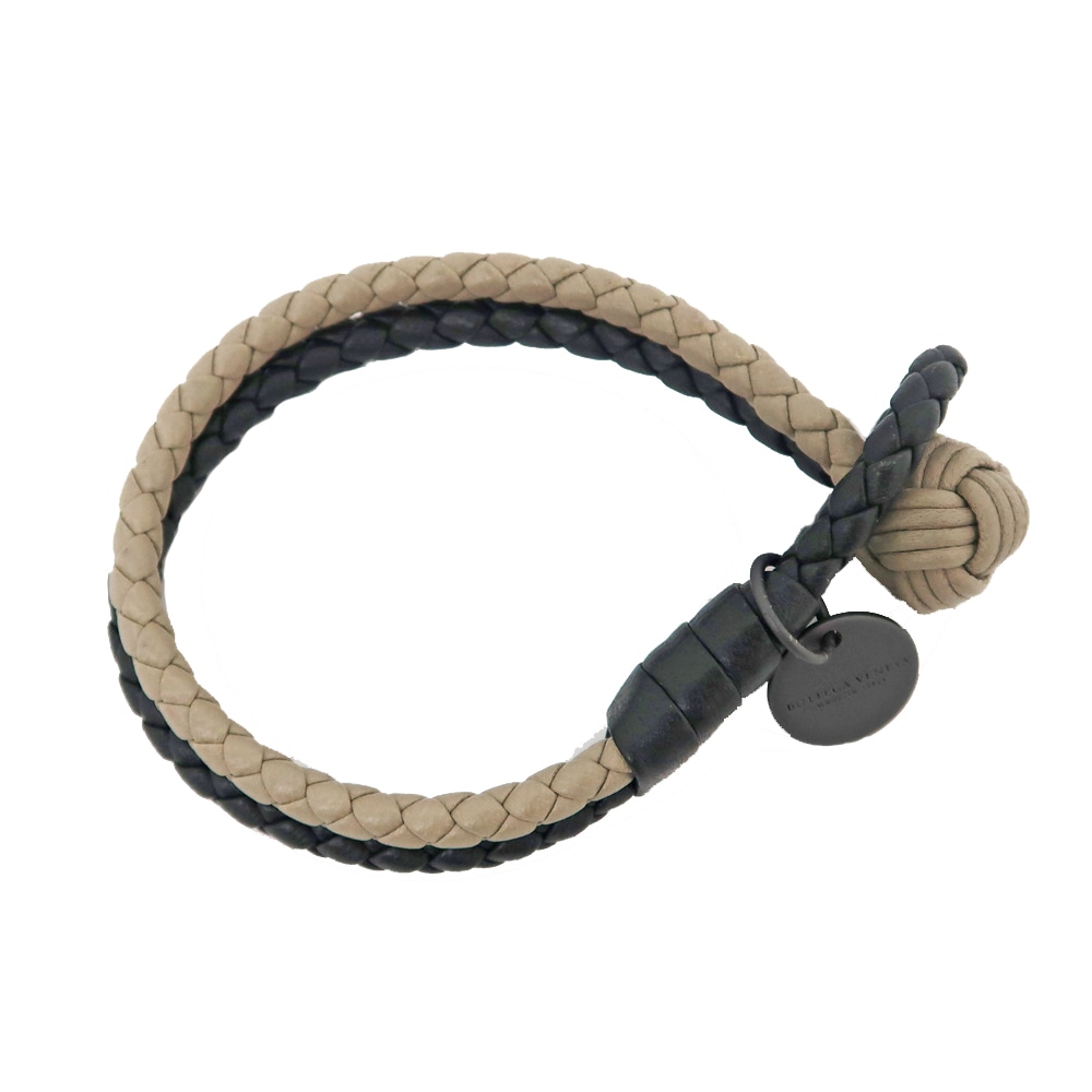 【名東】【BOTTEGA VENETA】ボッテガヴェネタ ブレスレット イントレチャート レザー ブラック 黒 グレー アクセサリー【中古】