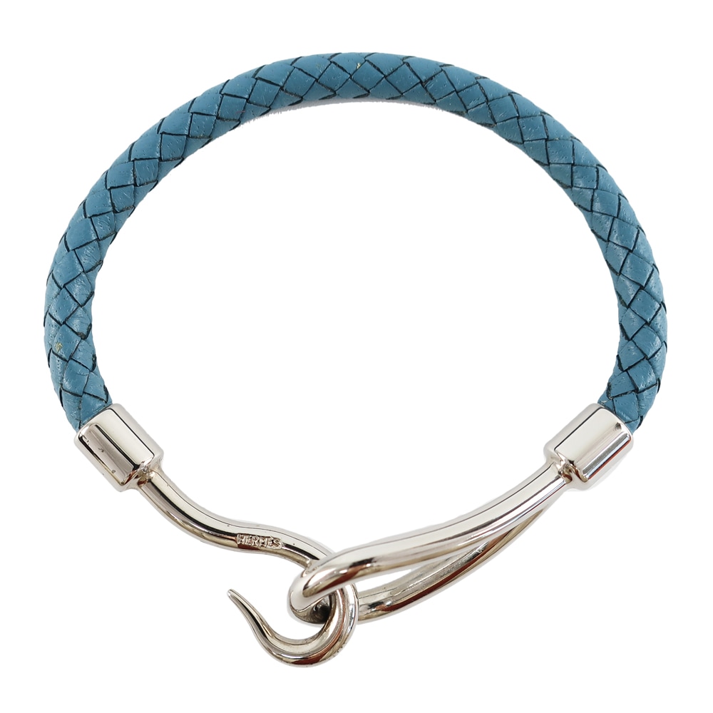 エルメス ジャンボ 2連 ブレスレット ブルーレザー 編み込み シルバー