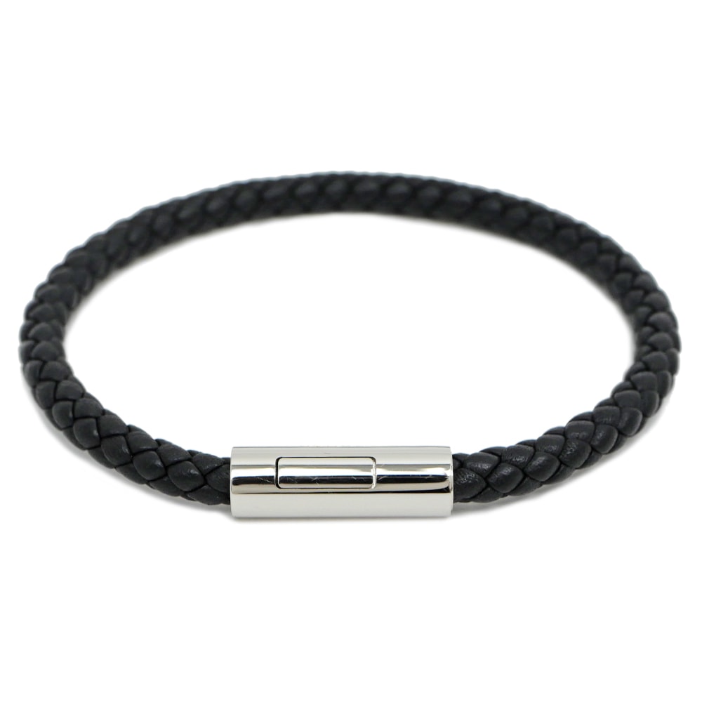 【名東】【HERMES】エルメス ゴリアテ レザー 編み込み ブレスレット ブラック シルバー金具 メンズ レディース 男女兼用 アクセサリー 小物【中古】