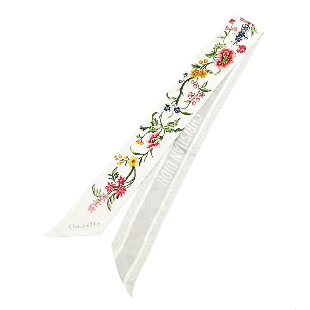 【名東】【CHRISTIAN DIOR】ディオール ミッツァ スモールフラワーズ マルチカラー ホワイト 花 スカーフ シルク 小物 【中古】