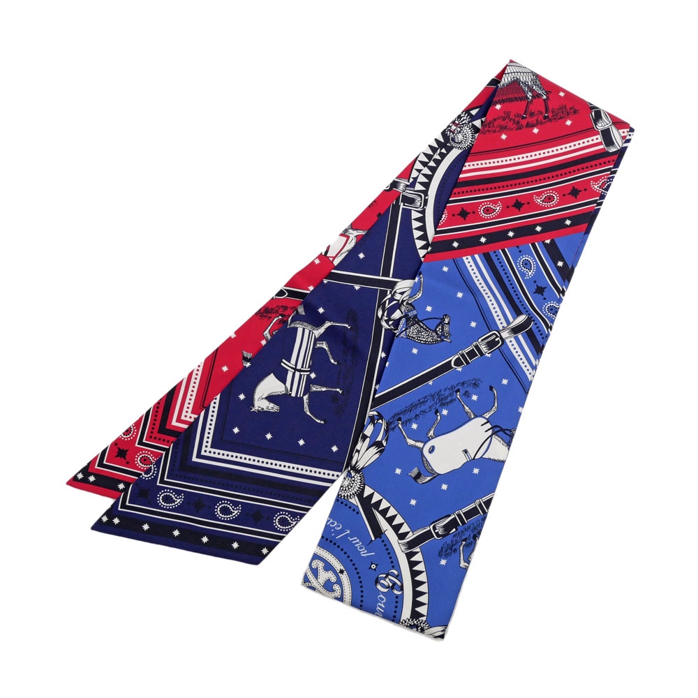 【名東】【HERMES】エルメス マキシツイリースリム 馬着 ブルー系 レッド系 ネイビー系 マルチカラー シルク スカーフ 小物【未使用】【中古】