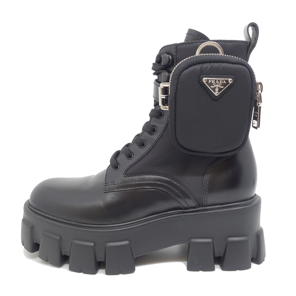 【からし】プラダ モノリスポーチ付Re-Nylon レザー コンバット ブラック プラダ モノリス ポーチ付 レザーX Re-nylon コンバット