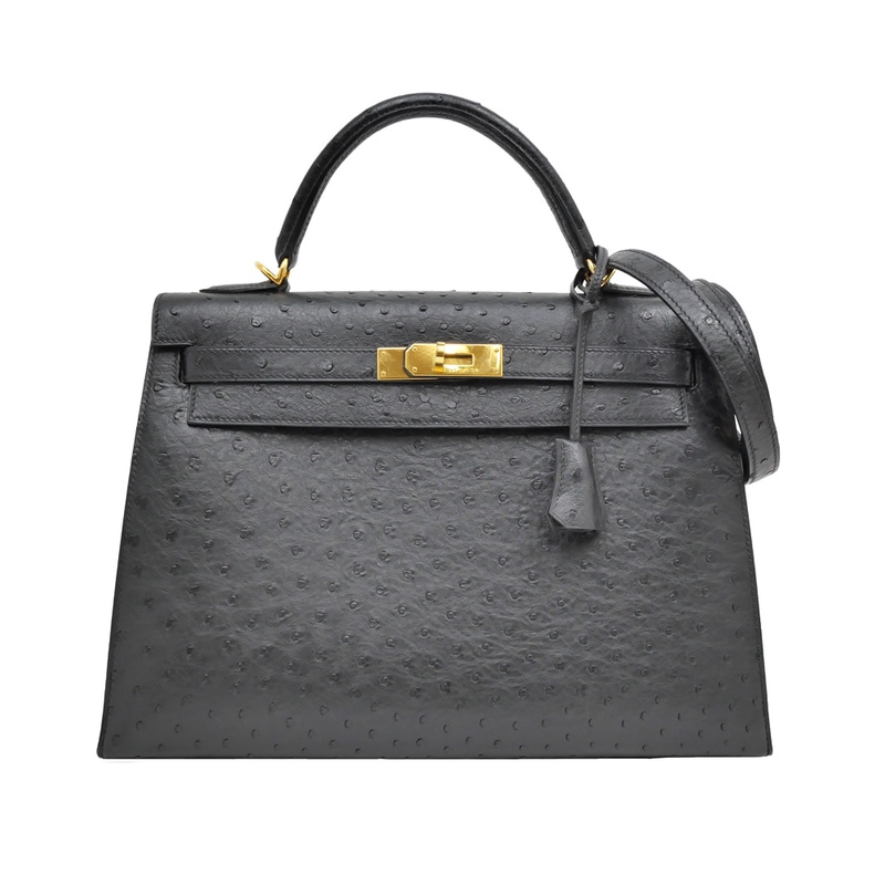 美品◎オーストリッチレザー 黒 ハンドバッグ フランスのケリーバック風◎ エルメス ミニケリー 20 ルージュセリエ オーストリッチ ゴールド金具