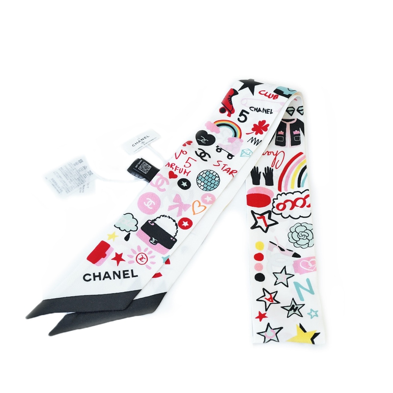 栄】【CHANEL】シャネル スカーフ ヘアバンド ホワイト マルチカラー