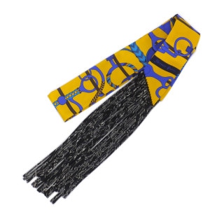 【天白】【HERMES】エルメス ツイリー フリンジ イエロー×ブルー×ブラック シルク100% Panoptie Equestre 乗馬の装具一式 服飾小物 未使用【中古】