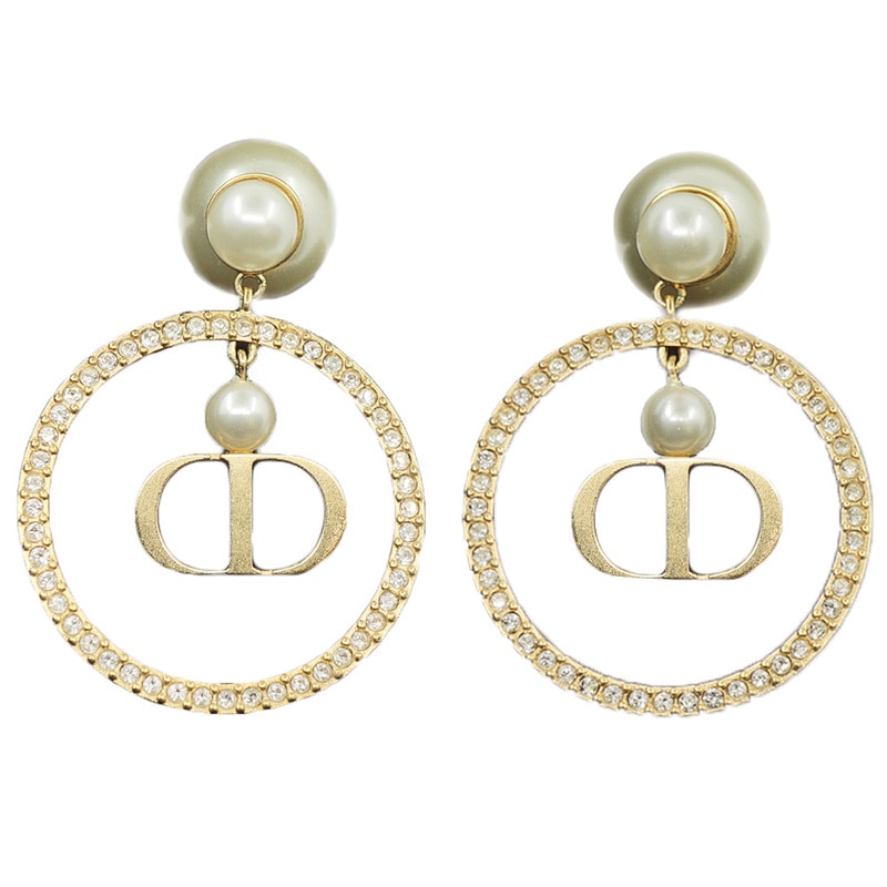 栄】【DIOR】ディオール フープ ピアス ロゴ 両耳 GP ラインストーン