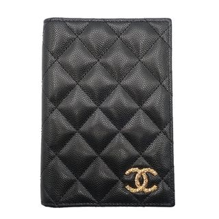 【天白】【CHANEL】シャネル パスポートカバー ブラック キャビアスキン ゴールド金具 ココマーク ラインストーン レディース【未使用】【中古】