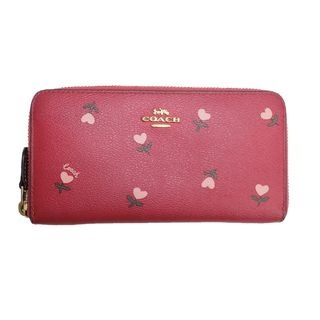 【名東】【COACH】コーチ ラウンドファスナー長財布 ロングウォレット レッド系 ピンク ゴールド金具 フローラル ハート柄 C3287IMMZI レディース その他【中古】