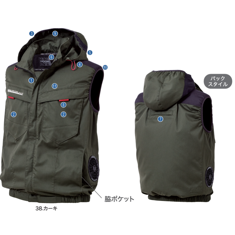HOOH V2519 サイドファンフードベスト 快適ウェア 空調服 フルハーネス