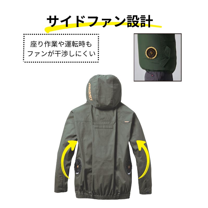 BURTLE AC2041両サイドファン装着モデル　L　ミルスグリーン綿100% バートル AC2041-SET（スターターセット）｜空調服・EFウェア専門店