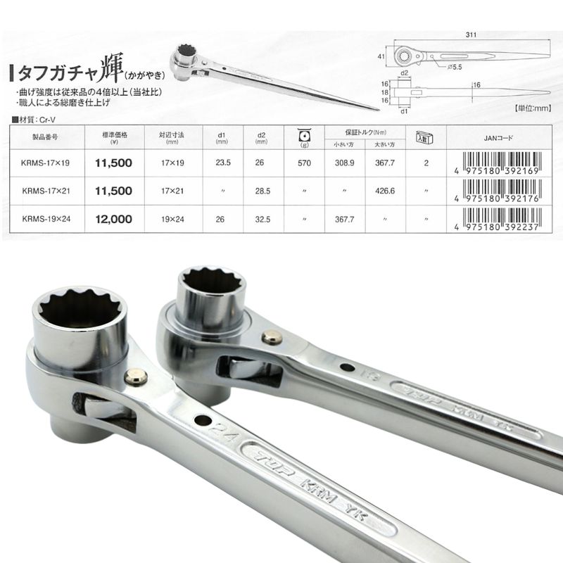 TOP KRMS タフガチャ 輝 ラチェットレンチ 総磨き｜鳶工具・シノ付レンチ
