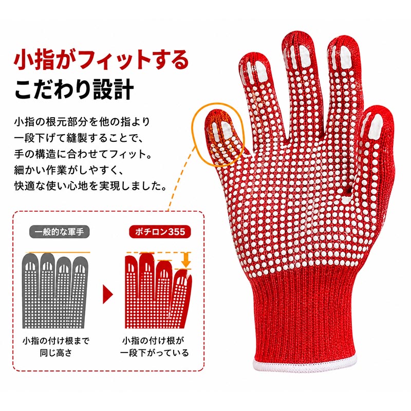 勝星産業 ポチロン 355 レッド 滑り止め手袋｜小指ぴったり ビニボツ