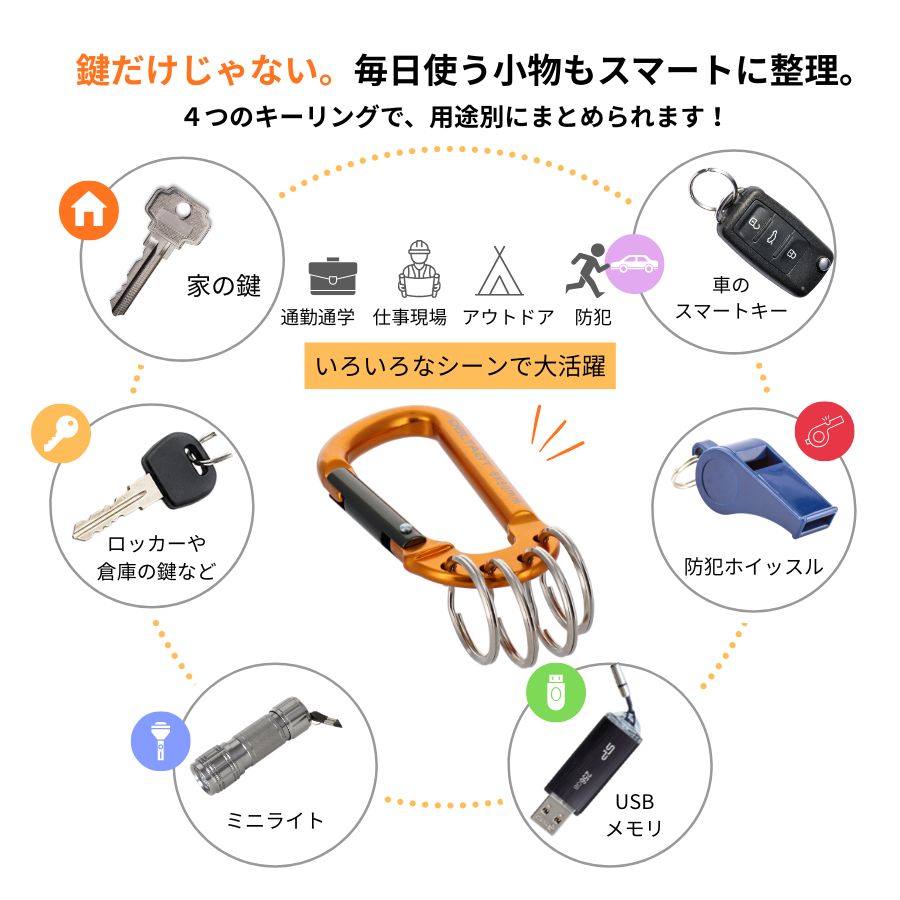 DBLTACT アルミカラビナ キーリング付 4連 DT-AKT-383 ゴールド