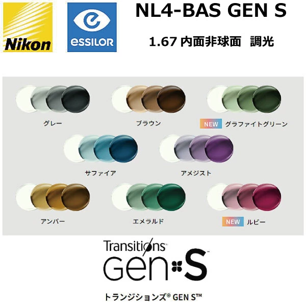 ニコン ライト4-BAS 1.67内面非球面 調光レンズ NL4-BAS NIKON LITE4-BAS TRANSITIONS GENS トランジションズ GENS 単焦点 度付き 度なし 2枚1組