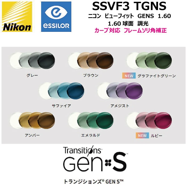 ニコン ビューフィット3 1.60 球面 トランジションズ GENS 調光レンズ SSVF3 TGENS NIKON SSVF3 TRANSITIONS GENS カーブ対応 ソリ角補正 単焦点 度付き 度なし 2枚1組