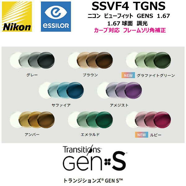 ニコン ビューフィット4 1.67 球面 トランジションズ GENS 調光レンズ SSVF4 TGENS NIKON SSVF4 TRANSITIONS GENS カーブ対応 ソリ角補正 単焦点 度付き 度なし 2枚1組
