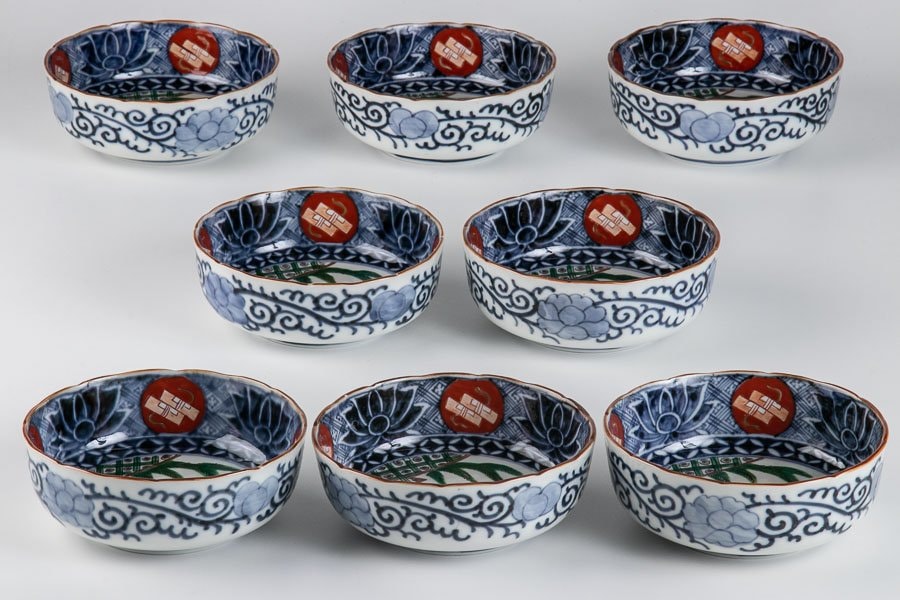 古伊万里】 染錦草花文平鉢 向付 8客セット 江戸後期 13531
