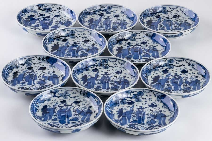 古伊万里】 染付人物三賢人花文小皿 10客セット 江戸後期 16061