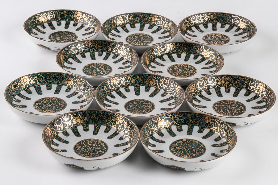 九谷焼】 九谷 青粒金彩花唐草文四寸皿 小皿 10客セット 16262