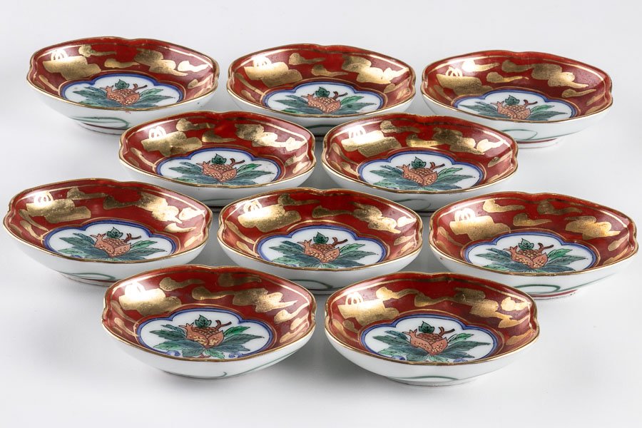 九谷】 九谷峰仙 赤絵金彩雲鶴柘榴文 刺身皿10客 醤油皿10客 20客