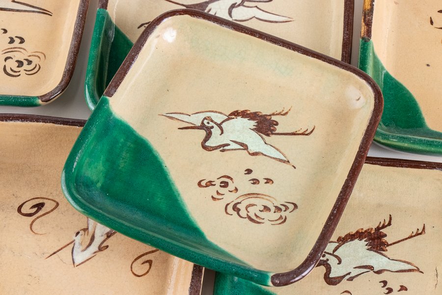 萬古焼　古萬古　海老魚文　小皿　十客　時代箱付　M　5129 萬古焼 古萬古 海老魚文 小皿 十客 時代箱付 M 5129