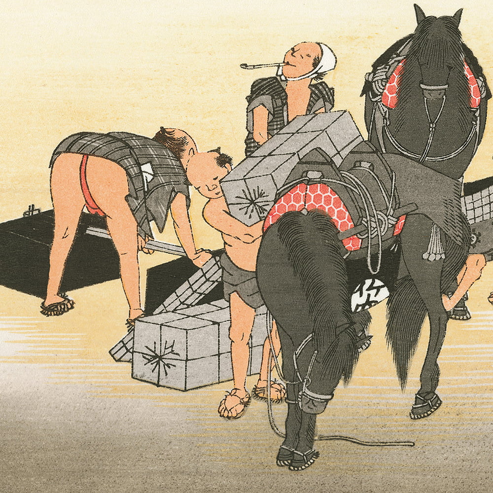 歌川広重「東海道五十三次 藤枝 人馬継立」浮世絵木版画