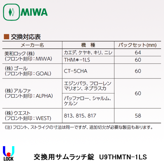 MIWA U9 THMTM-1LS B/S60扉厚33mm~45mm 美和ロック 交換用サムラッチ錠