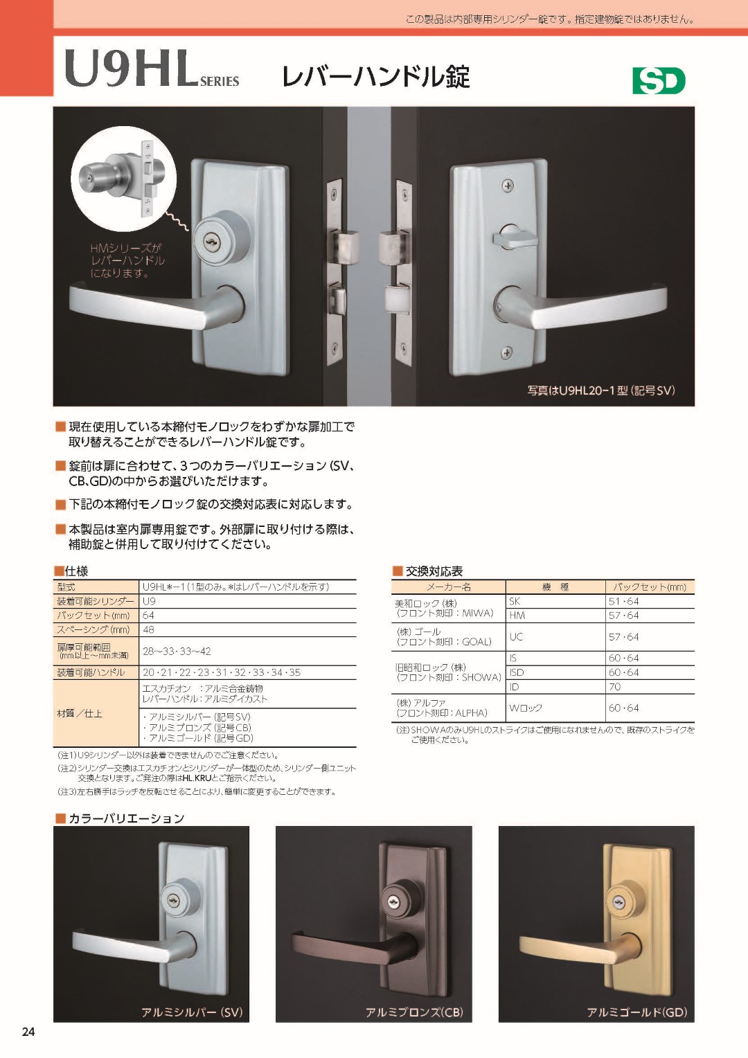 美和ロック　レバーハンドル錠一式 MIWA U9 HL20-1 美和ロック レバーハンドル錠 本締付モノロック交換用