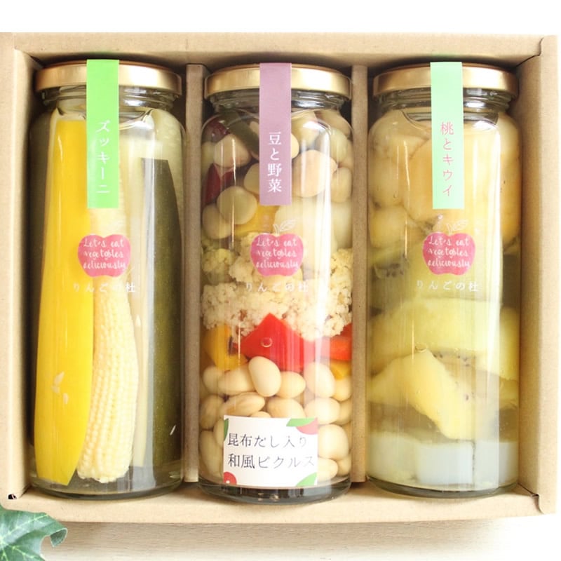 健美 3種 ピクルス ギフトセット B 桃とキウイ 豆と野菜 ズッキーニとヤングコーン 【ピクルス工房りんごの杜】