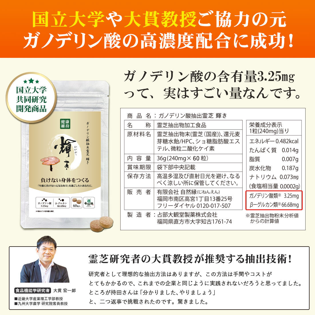 ガノデリン酸抽出霊芝サプリ 輝き[60粒]｜“ゆらぎ”を整える健康習慣に｜国産霊芝×大学研究開発 ※ポスト投函