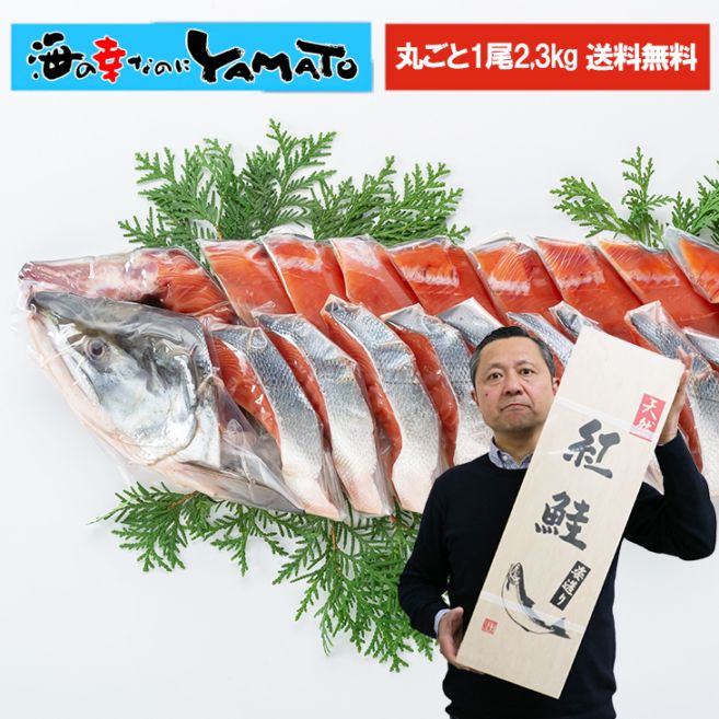 豪華“木箱”入り！熟成天然紅鮭 頭付き切身 1尾丸ごと相当2.3kg 甘塩 低塩 化学調味料無添加