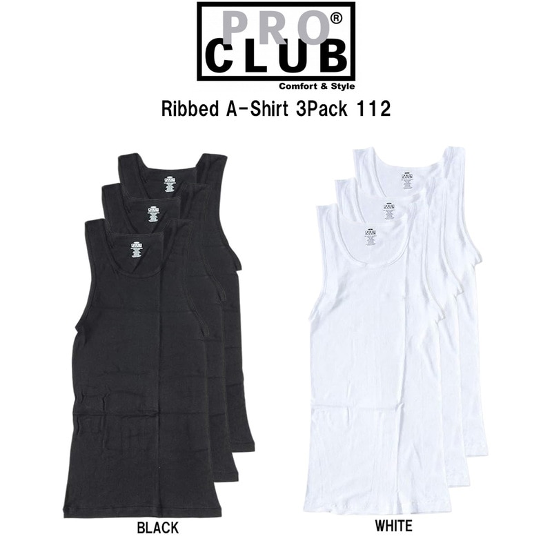 PRO CLUB(プロクラブ)タンクトップ 3枚組 セット リブ Aシャツ リングスパン コットン 5.6オンス インナー アンダーウェア 肌着 下着 無地 メンズ 112