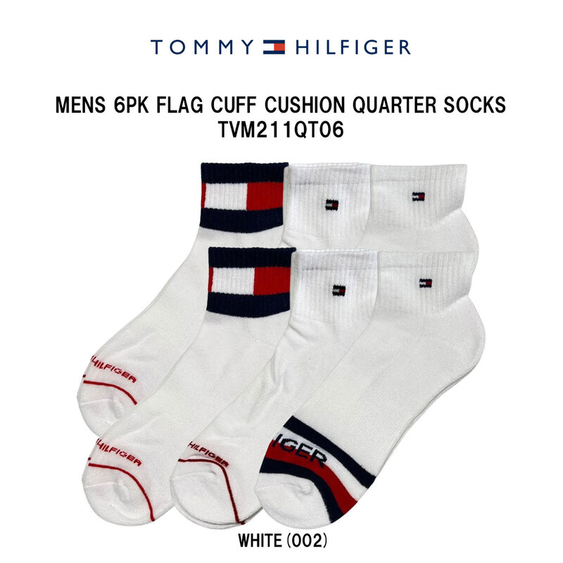 TOMMY HILFIGER(トミーヒルフィガー)メンズ ソックス 靴下 6足組 クォーター丈 クッション フラッグ ロゴ アソート スポーツ 通学 男性用 TVM211QT06