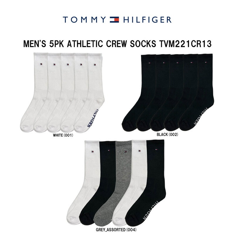 TOMMY HILFIGER(トミーヒルフィガー)メンズ ソックス クルー 靴下 5足組 アソート セット スポーツ 通学 無地 ワンポイント ロゴ 男性用 TVM221CR13