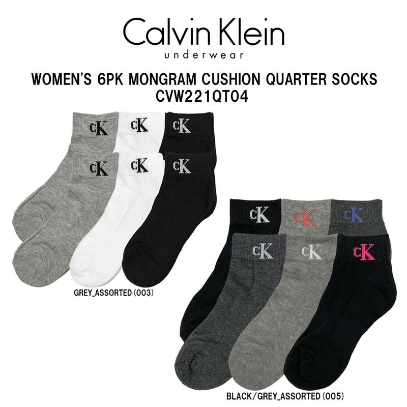 Calvin Klein(カルバンクライン)ck レディース ソックス 靴下 6足組 クォーター丈 クッション ロゴ ワンポイント アソート 女性用 CVW221QT04