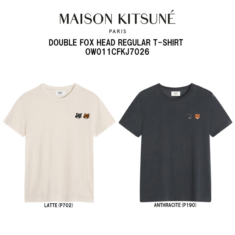 Maison Kitsune(メゾン キツネ)ダブル フォックスヘッド レギュラー Tシャツ 半袖 クルーネック コットン リブ ロゴ 刺繍 レディース OW011CFKJ7026