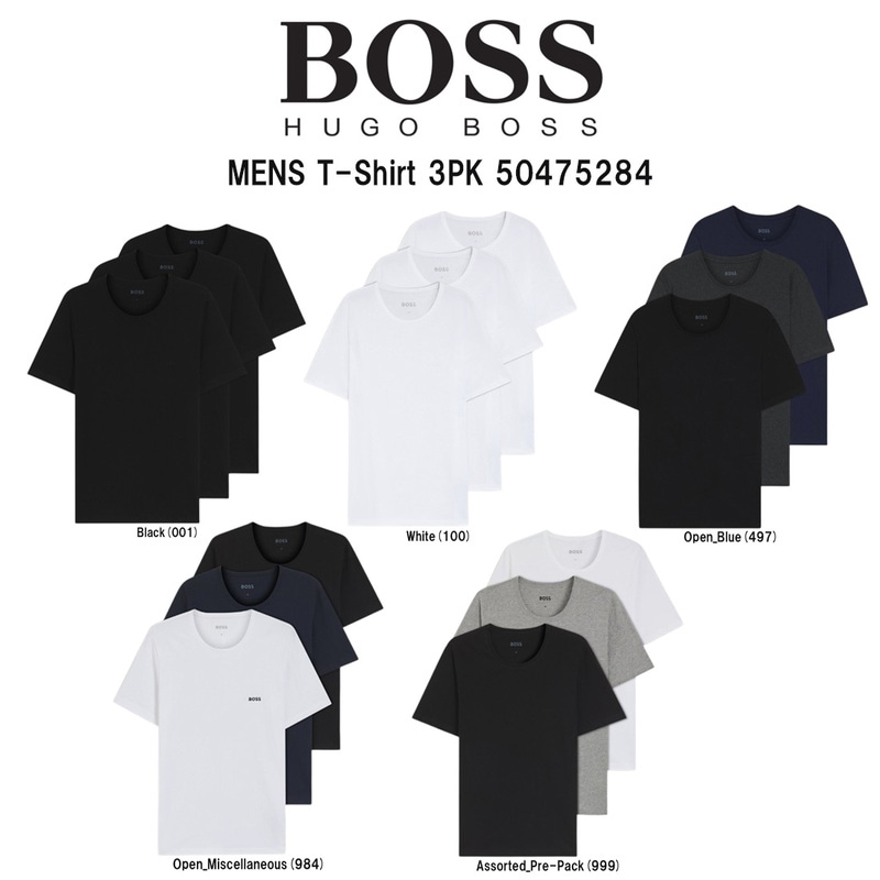 HUGO BOSS(ヒューゴボス)メンズ Tシャツ クルーネック 半袖 レギュラーフィット 3枚組 アソート セット コットン 無地下着 肌着 インナー 男性用 50475284