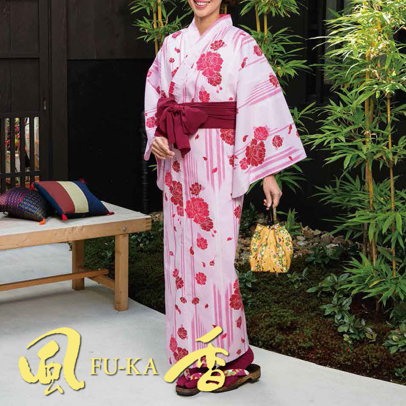 風香bis】リネンゆかた (矢羽にバラ・ピンク) [女性用] YU-3708 | 風香